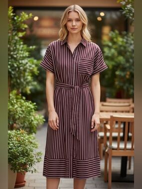 Banana Republic Burgundy and White Striped Button-Front Midi Dress